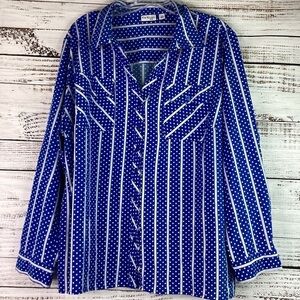 KIM ROGERS PLUS SIZE 2X TOP ROYAL BLUE POLKA DOT STRIPES SPRING‎ SUMMER BLOUSE